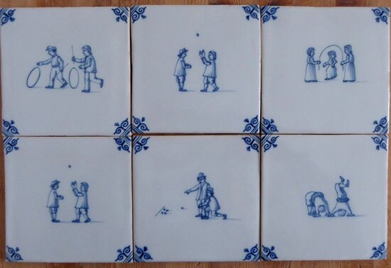 Makkum Tichelaar six tiles with children's games