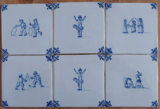 Makkum Tichelaar six tiles with children's games