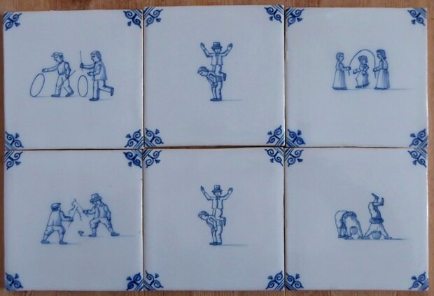 Makkum Tichelaar six tiles with children's games